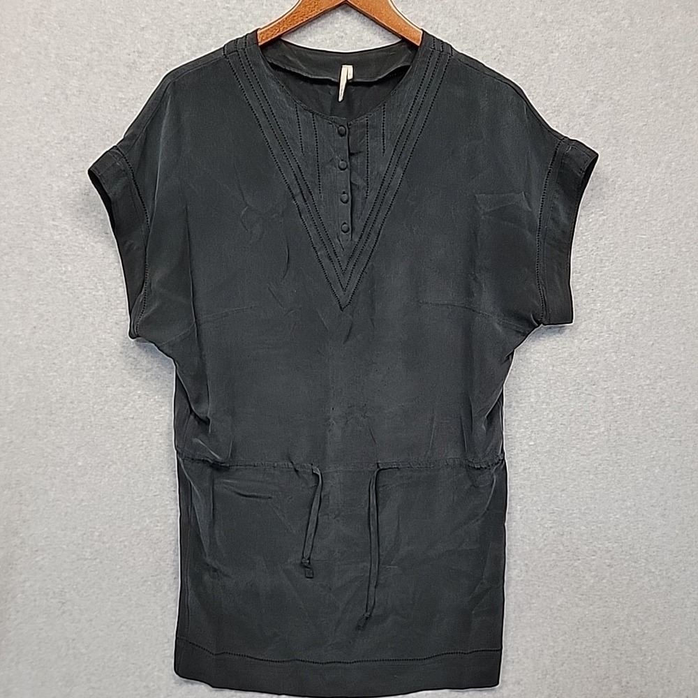 IRO Yaore Silk Mini Dress Draw‎ String Waist Black Picot Embroidery Trim T2 US 6